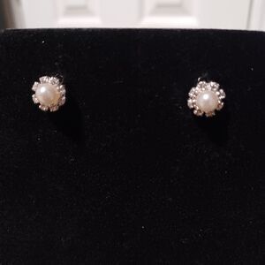 Vintage Faux Pearl Flower and Cubic Zirconia Silver Stud Earrings